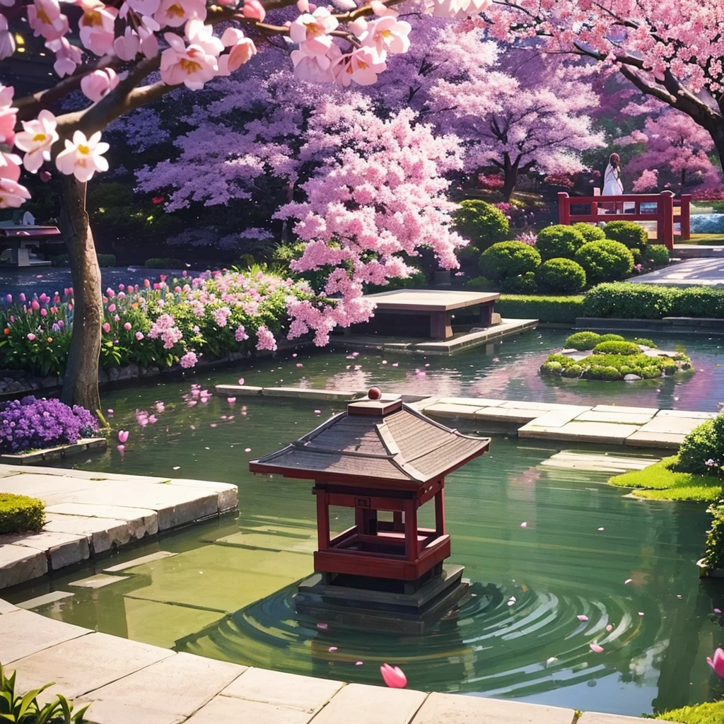 A beautiful Japanese garden with cherry trees and purple flowers around with a small pond and purple tulips with a happy anime couple