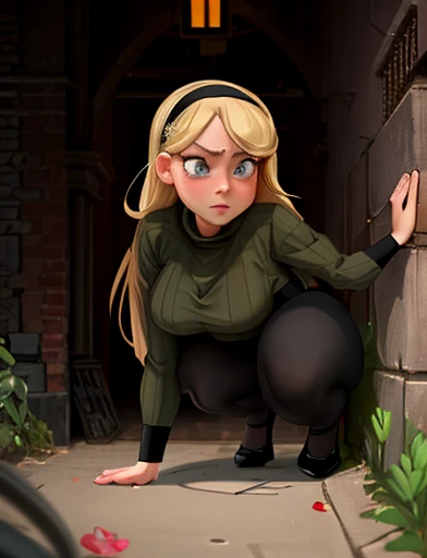 (masterpiece,best quality,absurdres,beautiful,aesthetic,detailed),cinematic angle, (Detailed face:1.2), (Detailed eyes:1.2), 1girl, solo (Gwen Stacy:1.1), curvy, bottom heavy,platinum blonde hair, bright blue eyes, ((Wearing: Black headband, olive green sweater, black leggings, black heels)), she is outside on New York streets, crowds of people on the surroundings, busy atmosphere, cinematic lighting, detailed background, she tries to squeeze and crawl through a hole in the wall but she is tightly stuck in the hole by her hips, but its no good, she's too wide, she sighs waiting for spider man to save her
