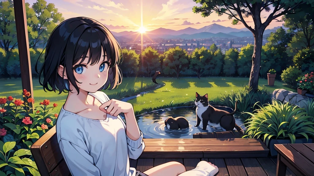 1 girl, solo, blue eyes, (detailed eyes), flat chest, short hair, black hair, upper body, gentle smile on her face, sitting up straight((masterpiece, illustration, best quality)) mono tone of black and orange illustration of a happy lady sitting side by side with her beloved cat enjoying the beautiful scene of sunset in the home garden, back facing camera, contrast lighting, 60% human and cat 40% background, positive vibes,