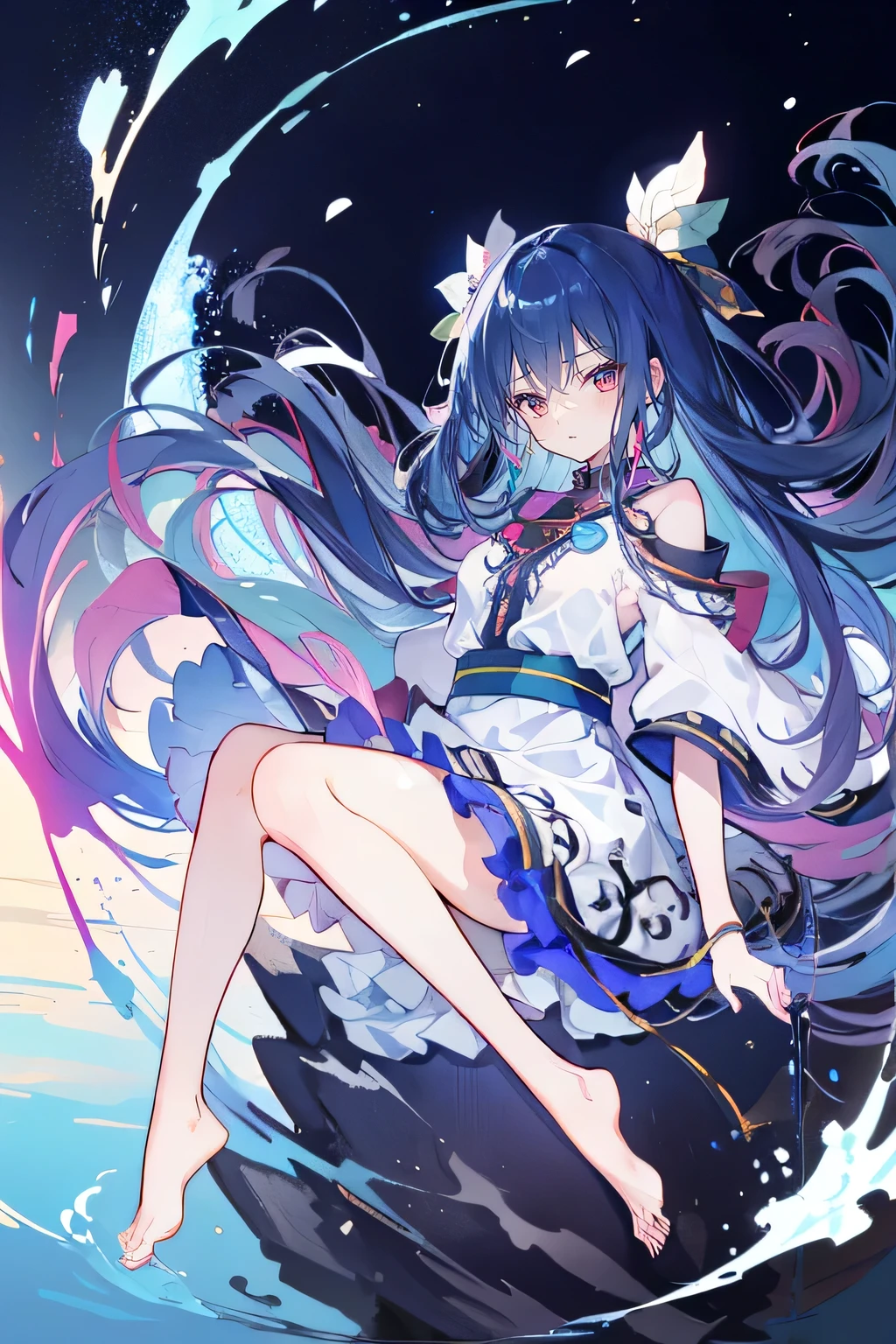 (masterpiece:1.2),Super detailed,lifelike,Expressive eyes,fair skin,perfect face shape,1 girl,
Japanese comics,Gorgeous blue hair,flowing blue hair,flowing clothes,Petals fall,beautiful lola,Baby Angel,
Shaking head with one hand,Cross your legs,Gentle and peaceful background,The pavilion is cool and comfortable,smile, wearing hoodie, background of tokyo,back views,snowing, winter,lie on the water. dark blue gradient hair,asymmetrical hair,((Hair is very thick 1.8,Chiseled hair 1.6)), Hair over the shoulders, Messy hair, Very long hair, shiny hair,(long dark blue hair:1.2),A beautiful girl,(Transparent clothes transparent 1.8),Perfect body,Big thin legs,slender,(Looks very sad,Looks haggard ,sadness,shut your mouth:1.2) Against the backdrop of an unusually bright dark starry sky,(Put your hands behind your back),(round,Room, Strong breasts),barefoot,float,water surface,(long legs,long legs,long legs,Complete)