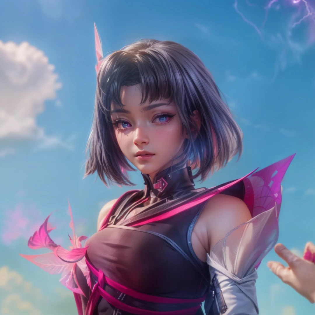 Best quality, masterpiece, ultra high res, (photorealistic:1.4), pink eyes, black hair, professional lightning, sharp focus, deep shadow, (extremely detailed CG unity 4k fhd wallpaper), 8k. 