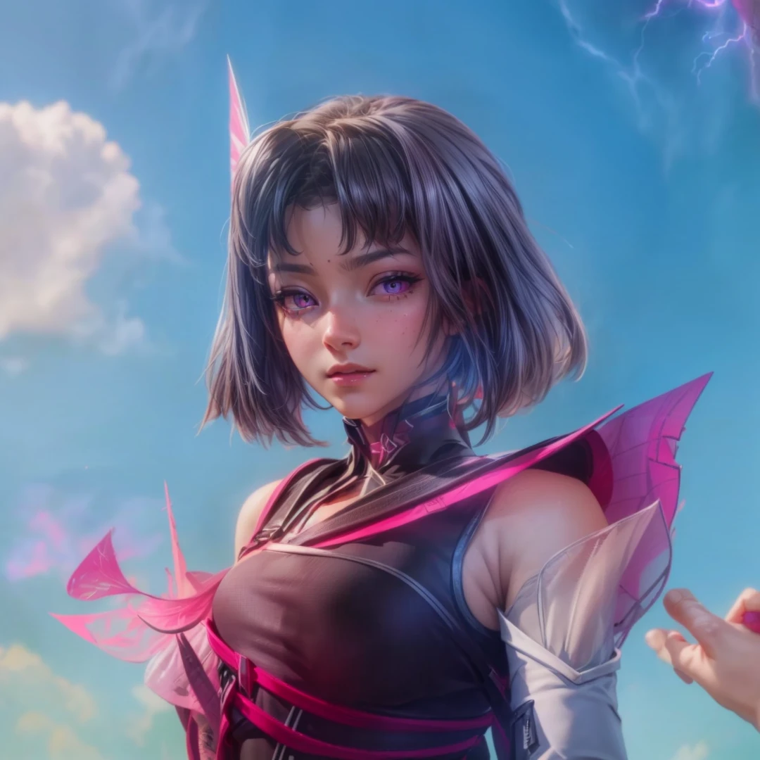 Best quality, masterpiece, ultra high res, (photorealistic:1.4), pink eyes, black hair, professional lightning, sharp focus, deep shadow, (extremely detailed CG unity 4k fhd wallpaper), 8k.