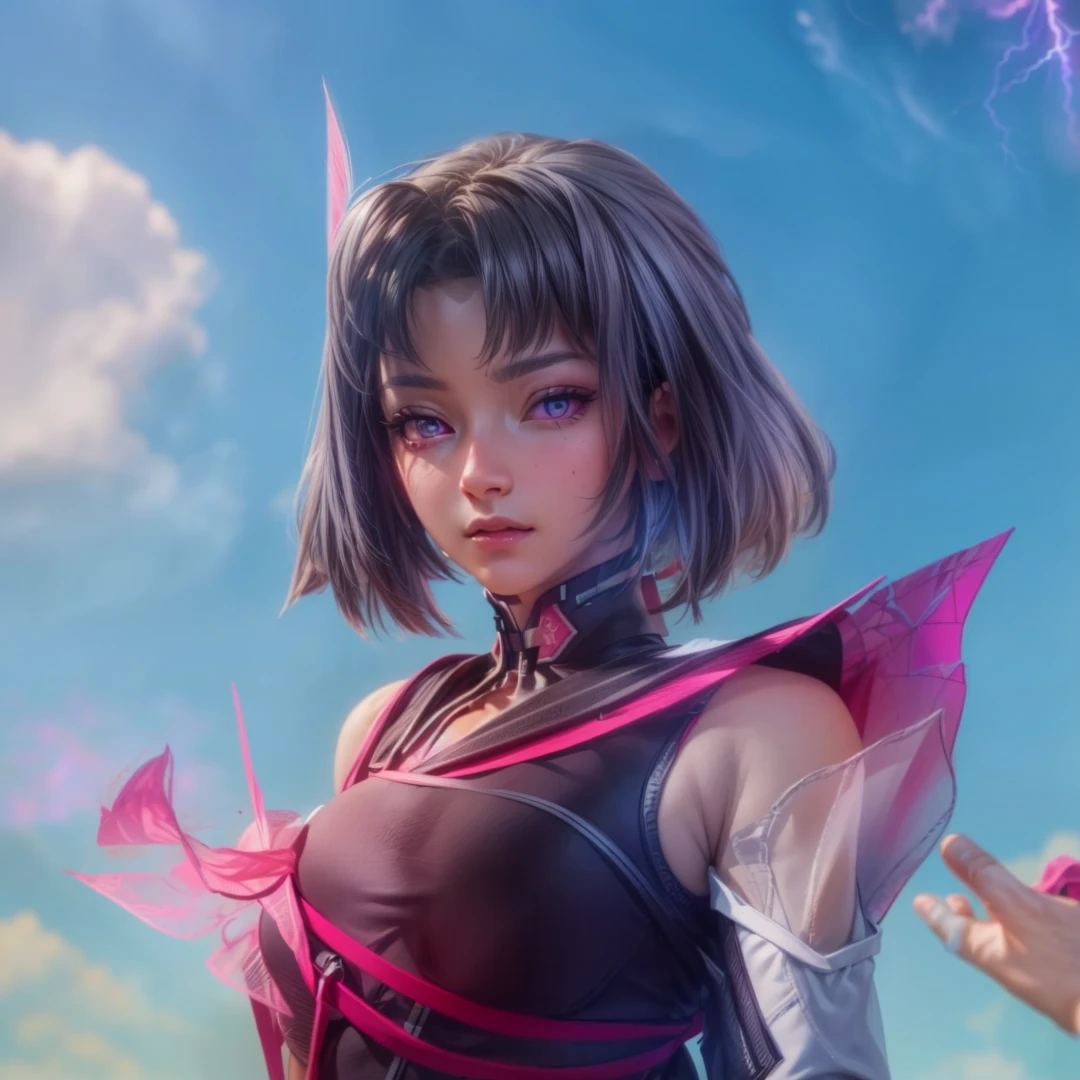Best quality, masterpiece, ultra high res, (photorealistic:1.4), pink eyes, black hair, professional lightning, sharp focus, deep shadow, (extremely detailed CG unity 4k fhd wallpaper), 8k.