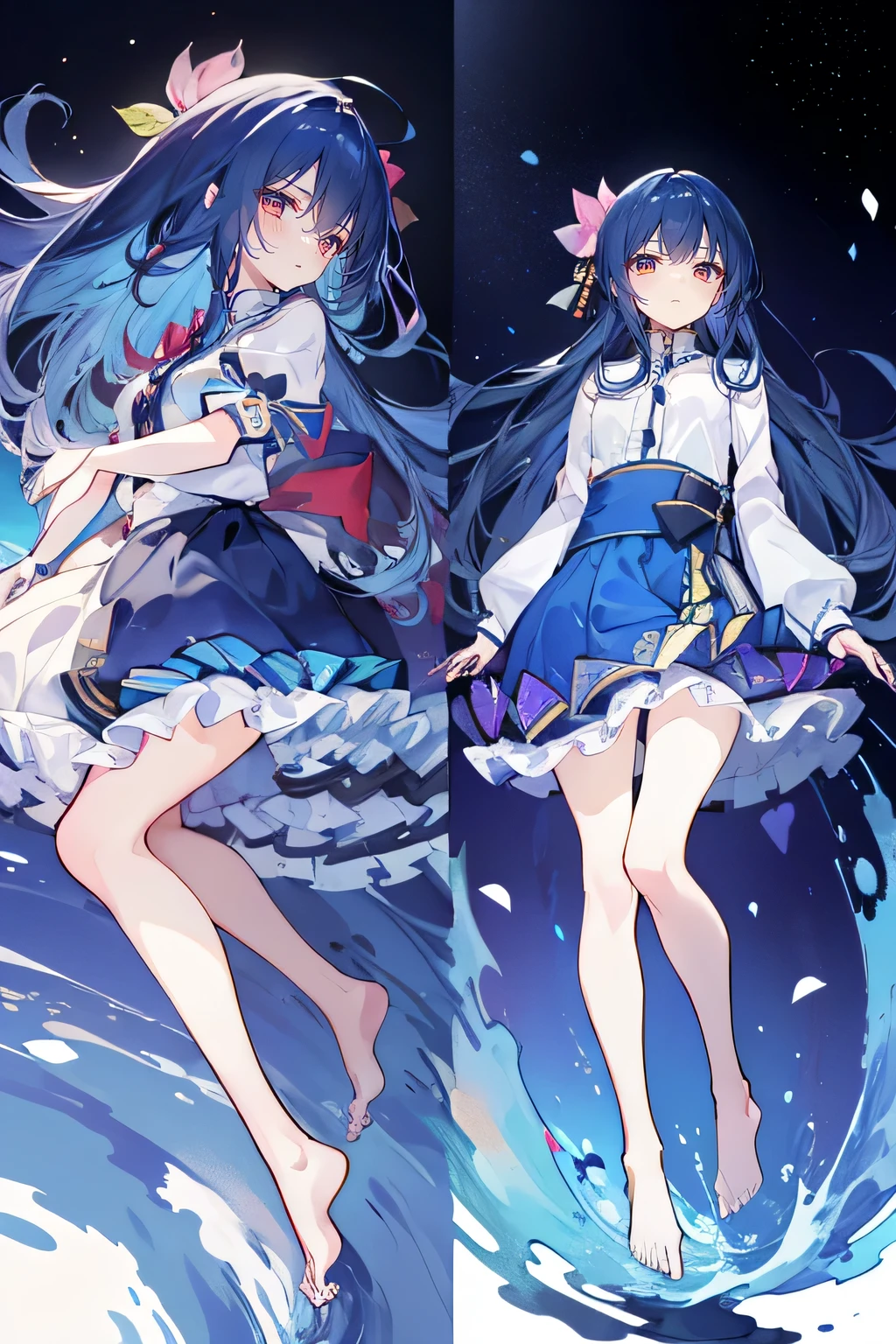 (masterpiece:1.2),Super detailed,lifelike,Expressive eyes,fair skin,perfect face shape,1 girl,
Japanese comics,Gorgeous blue hair,flowing blue hair,flowing clothes,Petals fall,beautiful lola,Baby Angel,
Shaking head with one hand,Cross your legs,Gentle and peaceful background,The pavilion is cool and comfortable,smile, wearing hoodie, background of tokyo,back views,snowing, winter,lie on the water. dark blue gradient hair,asymmetrical hair,((Hair is very thick 1.8,Chiseled hair 1.6)), Hair over the shoulders, Messy hair, Very long hair, shiny hair,(long dark blue hair:1.2),A beautiful girl,(Transparent clothes transparent 1.8),Perfect body,Big thin legs,slender,(Looks very sad,Looks haggard ,sadness,shut your mouth:1.2) Against the backdrop of an unusually bright dark starry sky,(Put your hands behind your back),(round,Room, Strong breasts),barefoot,float,water surface,(long legs,long legs,long legs,Complete)