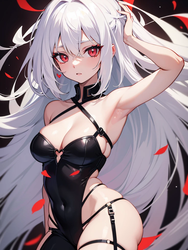  girl with white hair and red eyes, inside her pupil there is a heart 