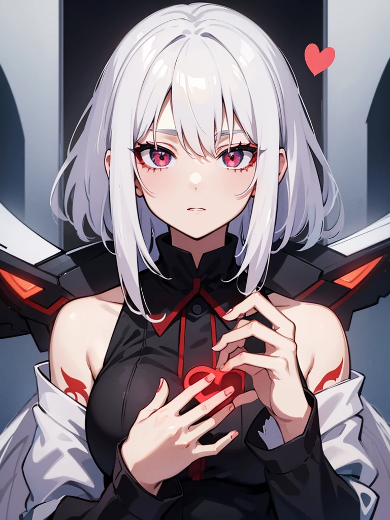 girl with white hair and red eyes, inside her pupil there is a heart