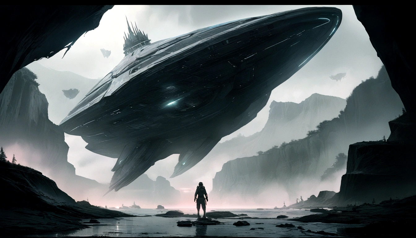 a massive alien spaceship landing near towering cliffs, extremely detailed, hyper realistic, cinematic lighting, dramatic angles, glowing alien technology, otherworldly atmosphere, volumetric fog, sci-fi, muted color palette, chiaroscuro lighting, award winning digital art