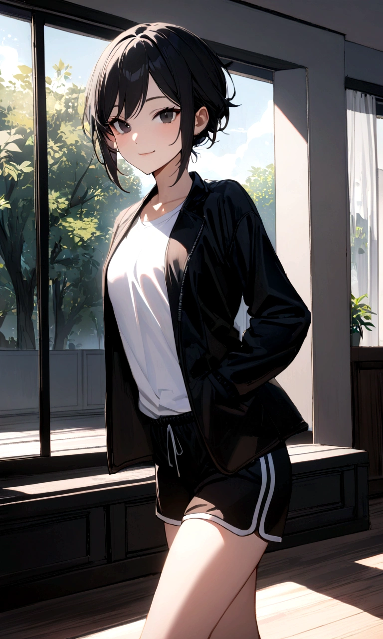 1 girl, tomboy, slim, beautiful, tall, attractive, ((short black hair))((black hair)), ((black eyes)), ((Girl wears: ((white shirt)), ((black jacket)), ((black gym short)))), ((living room)), looking at viewer, smiling warmly, hands in pocket, 8k, masterpiece, ray tracing