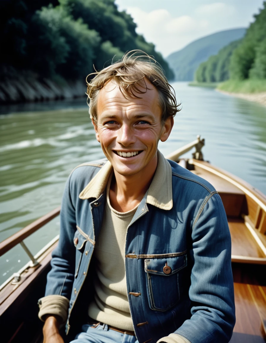 portrait d'un homme sks, en voyage sur un petit bateau sur un fleuve, Veste en jean skinny, de Henri Cartier-Bresson, composition de personnages épique, Éclairage naturel, yeux parfaits, photo couleur, hyper realiste, visage détaillé (Sourire parfait:0.7)