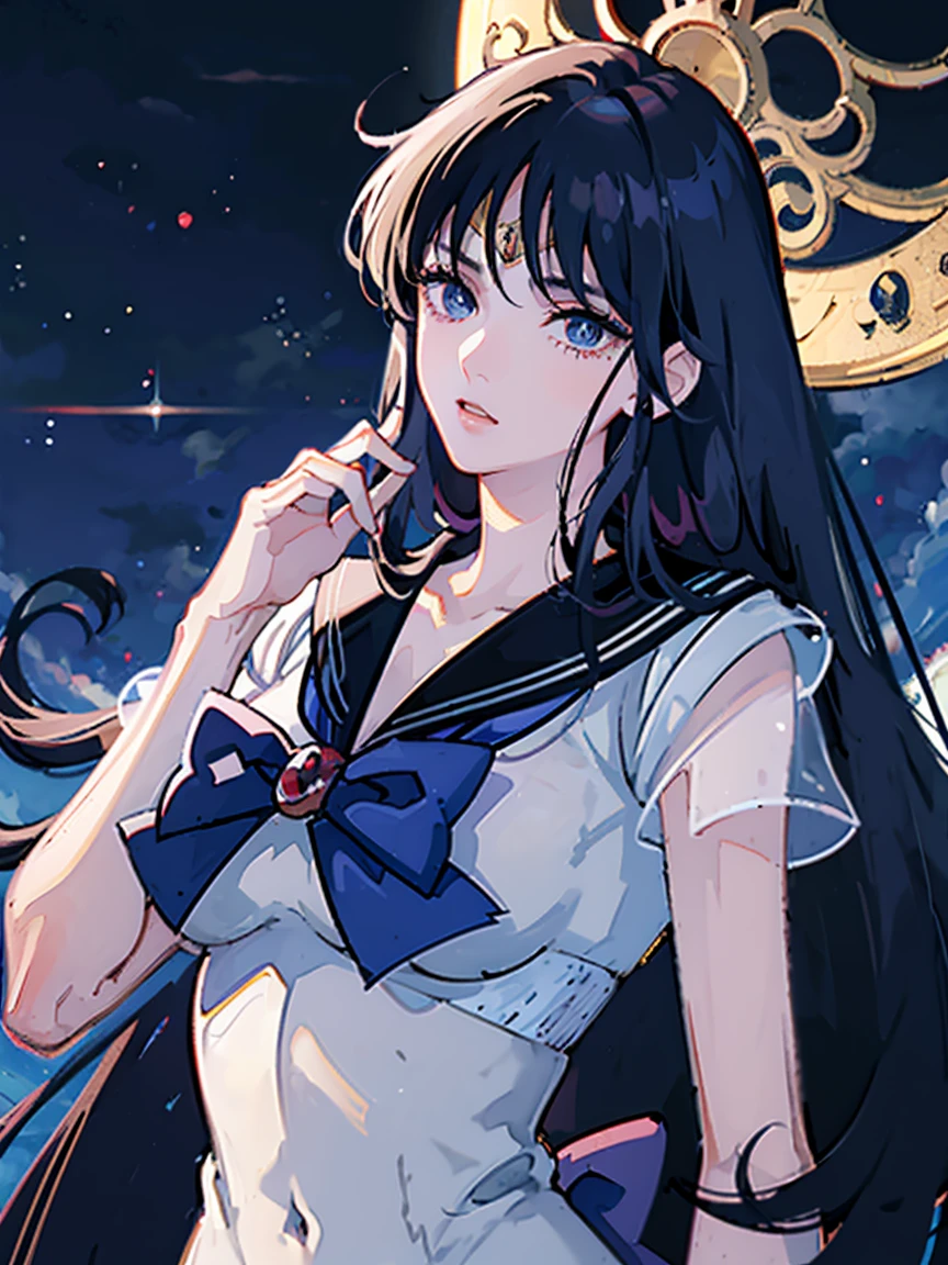 masterpiece, Highest quality, 8k Sailor Mars, Unhealthy face:1.9, Dark Eyes:1.5, Dark circles under the eyes, Long Hair, Long Bangs, Eyes through the bangs, Big eyes,　Blue Eyes, Bust Shot, Yandere, Unhappy face, Regular faceless
