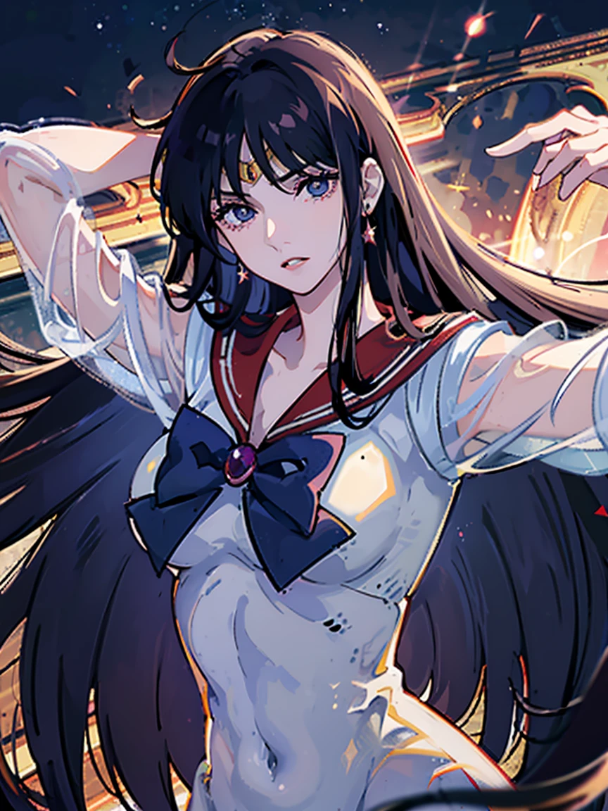 masterpiece, Highest quality, 8k Sailor Mars, Unhealthy face:1.9, Dark Eyes:1.5, Dark circles under the eyes, Long Hair, Long Bangs, Eyes through the bangs, Big eyes, Blue Eyes, Bust Shot, Yandere, Unhappy face, Regular faceless