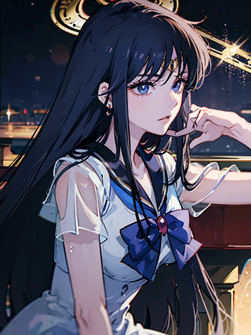 masterpiece, Highest quality, 8k Sailor Mars, Unhealthy face:1.9, Dark Eyes:1.5, Dark circles under the eyes, Long Hair, Long Bangs, Eyes through the bangs, Big eyes, Blue Eyes, Bust Shot, Yandere, Unhappy face, Regular faceless