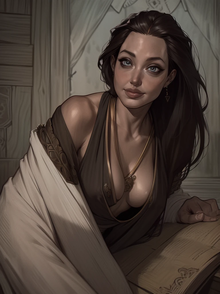 solo, a young woman from the early 18th century based on ((Angelina Jolie)), pirate, military uniform, tricorne, breasts, cleavage, smile, raised eyebrow, downblouse, loose t-shirt, leaning forward, nip slip, extended_downblouse,intricate background, fantasy, | (8k, RAW photo, best quality, masterpiece:1.2), ultra-detailed, (high detailed skin:1.2), 8k uhd, dslr, soft lighting, high quality, ((upper body:1)), (centered:1.2), ((LOOKING at the VIEWER)), asura, film grain, highly detailed shading, ((perfect_hands):1), Goodhands-beta2, Detailed eyes, perfect face, perfect eyes, Detailed face ((a manga drawing by Kentaro Miura)),