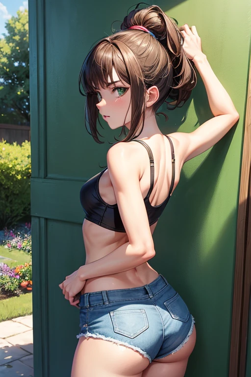 Draw Amanda, a unique 20-year-old female character in the anime style. Short brown hair, brown eyebrows, intense orgasm facial expression. Small breasts, thin waist, big ass and pert, athletic body. Wearing denim shorts and green cropped cropped on the wall of the house's garden. Back view with pert ass and hair in the wind. bottom up view.