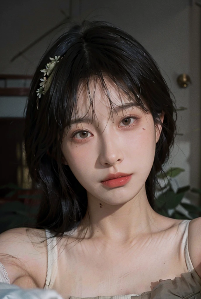 8K, Best Quality, Masterpiece, Ultra High Resolution, (Realism: 1.4), Original Photo, (Real Skin Texture: 1.3), (Film Grain: 1.3), (Selfie Angle), Broken Flower Chiffon Dress, 1 Girl, Beautiful Eyes and Face Details, Masterpiece, Best Quality, Close Up, Upper Body,