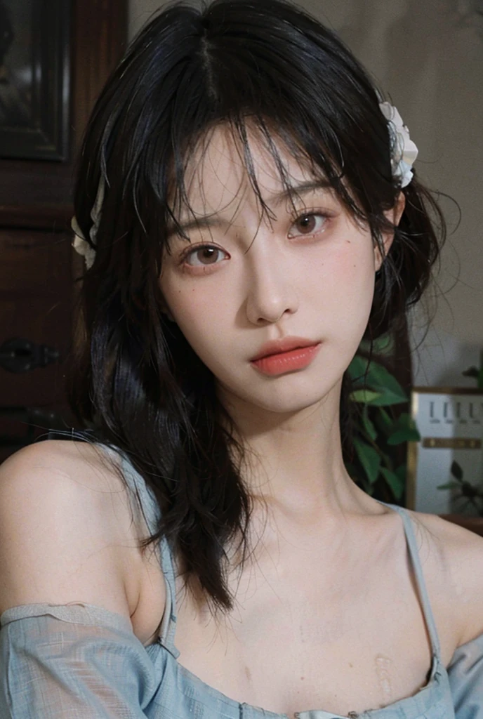 8K, Best Quality, Masterpiece, Ultra High Resolution, (Realism: 1.4), Original Photo, (Real Skin Texture: 1.3), (Film Grain: 1.3), (Selfie Angle), Broken Flower Chiffon Dress, 1 Girl, Beautiful Eyes and Face Details, Masterpiece, Best Quality, Close Up, Upper Body,