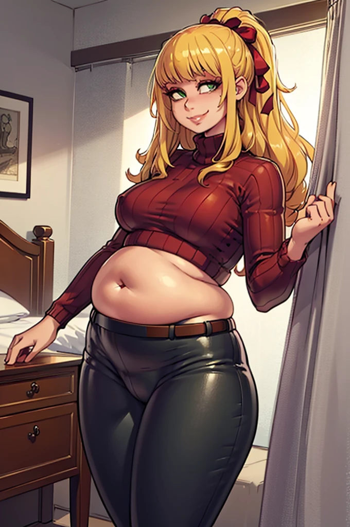 art by kipteitei, ((Masterpiece, best quality, perfect lighting, amazing shading)), perfect anatomy, field of depth, extremely beautiful, long blonde hair, hair ribbons, green eyes, ribbed sweater, leggings, cute smile, (chubby), high waisted belt, (cowboy shot), (cute pose), bedroom background, detailed background