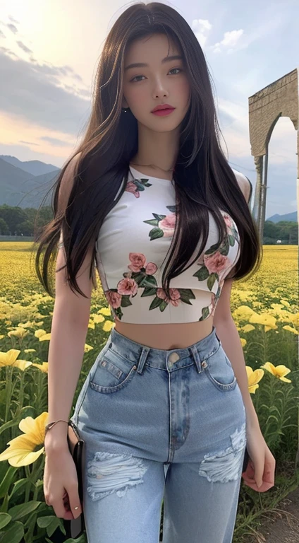 a closeup of a woman in a field of flowers, CropTop, with short torn t-shirt, crop top, vistiendo un crop top sexy, wearing crop top, usando un crop tops, wearing a crop top, wearing a beautiful top, beautiful top, usando un crop top, open chest clothing, the smallest abdomen ever seen, kawaii shirt and jeans