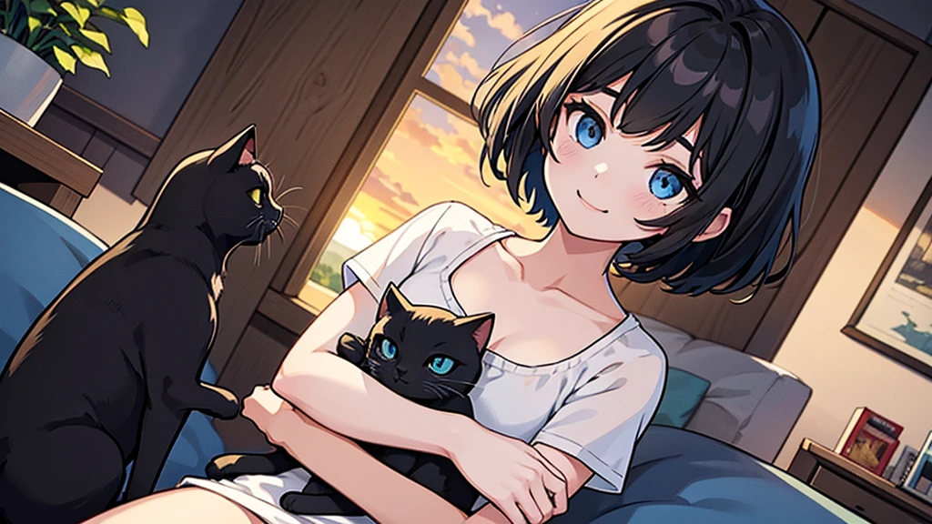 1 girl, solo, blue eyes, (detailed eyes), flat chest, short hair, black hair, upper body, gentle smile on her face, sitting up straight((masterpiece, illustration, best quality)) mono tone of black and orange illustration of a happy lady sitting side by side with her beloved cat enjoying the beautiful scene of sunset in the home garden, back facing camera, contrast lighting, 60% human and cat 40% background, positive vibes,