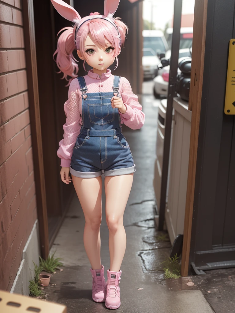 (Chibi:1.3, 3D, Nendoroid), 1girl, solo, cute, adult sister, (pink meshed hair, ponytail hair), (rabbit ears, rabbit tail), ((outfits:coveralls, stain))