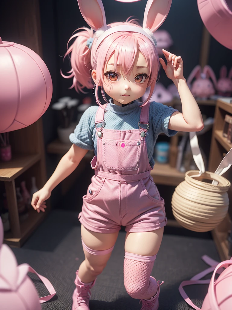 (Chibi:1.3, 3D, Nendoroid), 1girl, solo, cute, adult sister, (pink meshed hair, ponytail hair), (rabbit ears, rabbit tail), ((outfits:coveralls, stain))