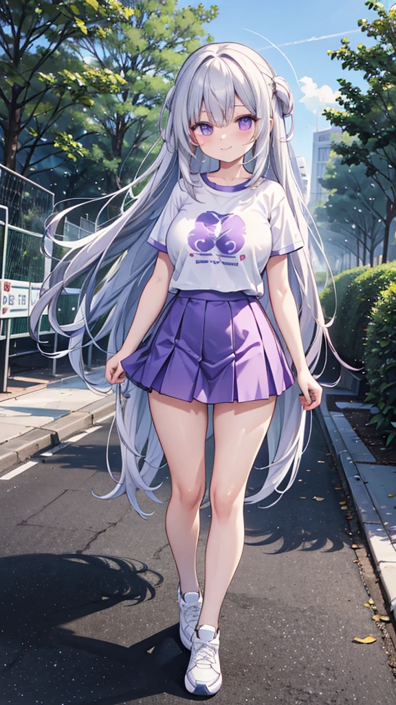 Pastel yellow long hair, hair covers one eye, purple eyes, white vote t-shirt, purple skirt, big brown stockings, black sneakers, big breasts, big thighs, background a park taking a walk, expression shy smile
