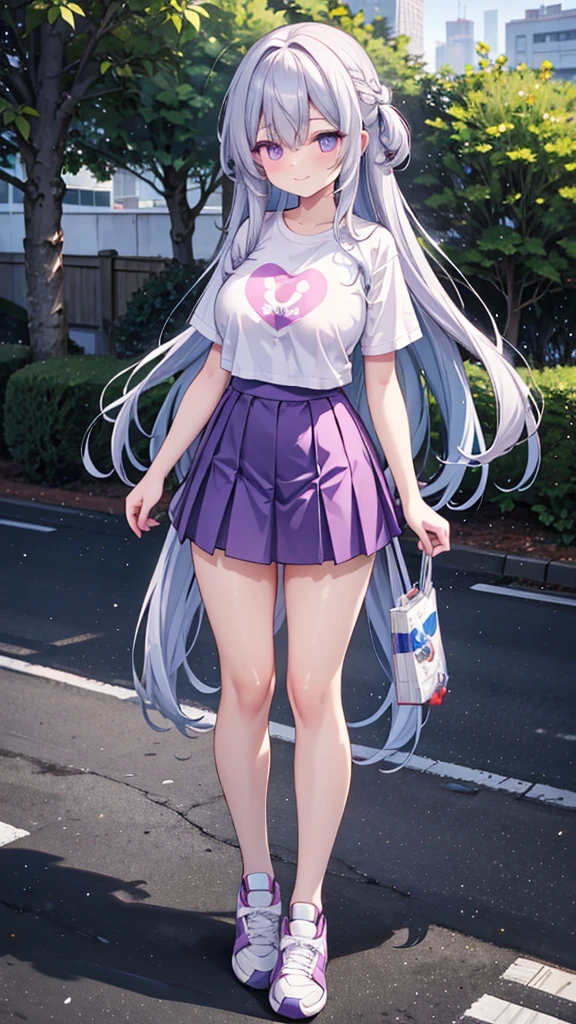 Pastel yellow long hair, hair covers one eye, purple eyes, white vote t-shirt, purple skirt, big brown stockings, black sneakers, big breasts, big thighs, background a park taking a walk, expression shy smile