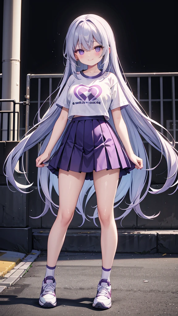 Pastel yellow long hair, hair covers one eye, purple eyes, white vote t-shirt, purple skirt, big brown stockings, black sneakers, big breasts, big thighs, background a park taking a walk, expression shy smile