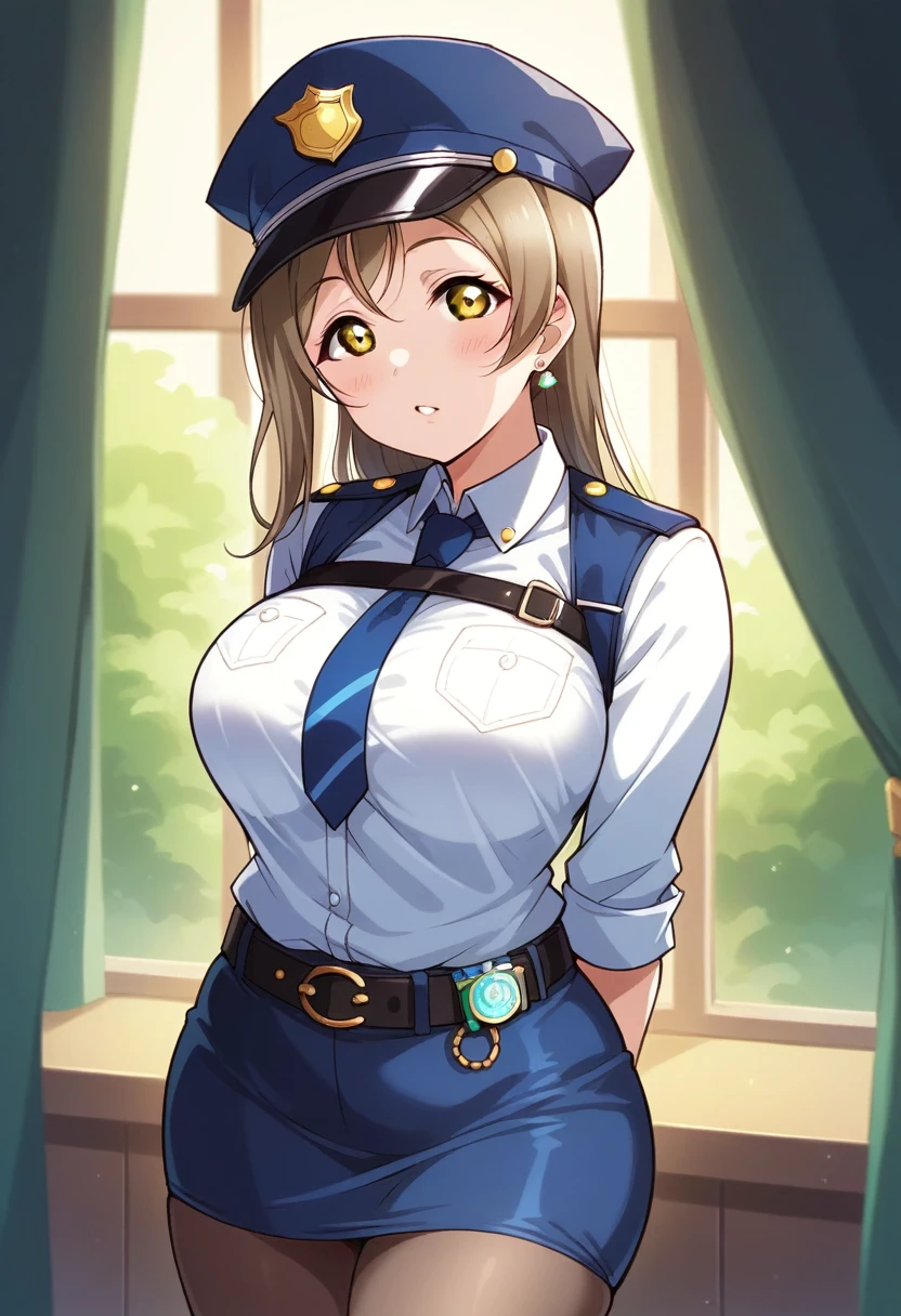 Masterpiece, best quality, Kotori Minami Love Live, curvy body, :D ,white tight shirt,half sleeves,earrings, pencil skirt, necktie , standing,police cap,in police station,looking at viewer, cowboy shot, thighs, wide hips , arms behind back ,solo  ,belt, pantyhose , skindentation , cowboy shot,milf