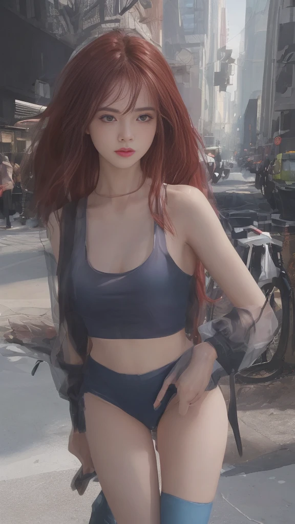 ((Realistic lighting, Best quality, 8K, Masterpiece: 1.3)), Clear focus: 1.2, 1 girl, Perfect Figure: 1.4, Slim Abs: 1.1, See through, tight clothing, ((Red-Haired)), (panties: 1.4), (Blue crop top: 1.4), (Outdoor, Night: 1.1), City streets, Super fine face, Fine eyes, Double eyelids,