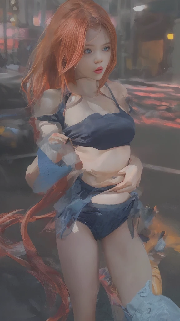 ((Realistic lighting, Best quality, 8K, Masterpiece: 1.3)), Clear focus: 1.2, 1 girl, Perfect Figure: 1.4, Slim Abs: 1.1, See through, tight clothing, ((Red-Haired)), (panties: 1.4), (Blue crop top: 1.4), (Outdoor, Night: 1.1), City streets, Super fine face, Fine eyes, Double eyelids,