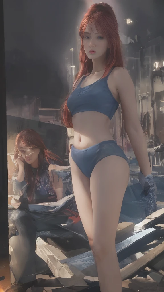 ((Realistic lighting, Best quality, 8K, Masterpiece: 1.3)), Clear focus: 1.2, 1 girl, Perfect Figure: 1.4, Slim Abs: 1.1, See through, tight clothing, ((Red-Haired)), (panties: 1.4), (Blue crop top: 1.4), (Outdoor, Night: 1.1), City streets, Super fine face, Fine eyes, Double eyelids,