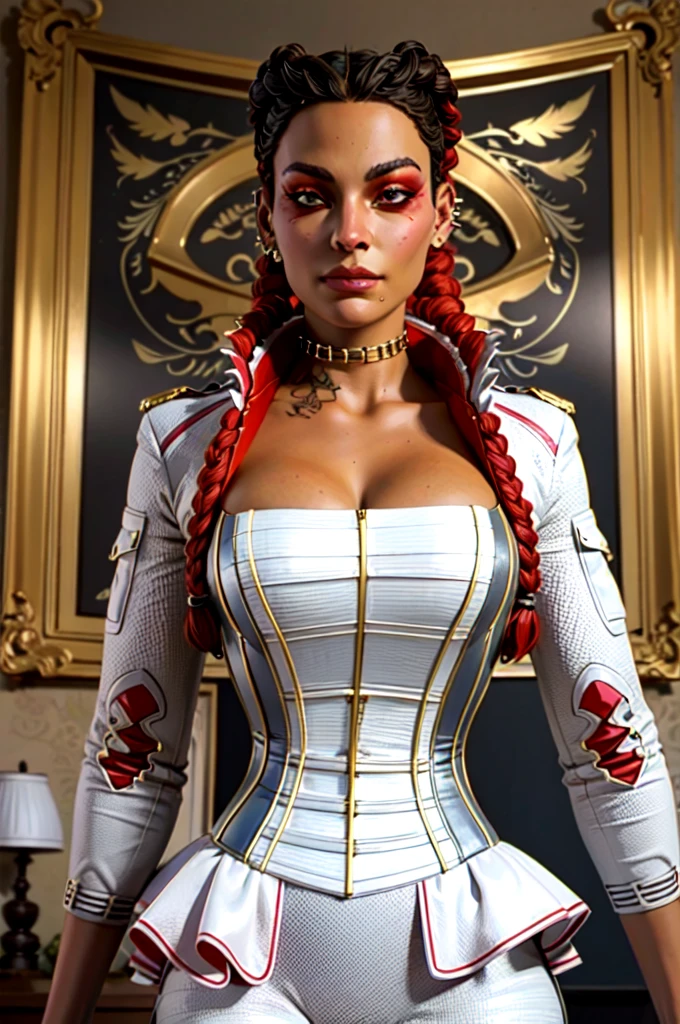 loba, lobapex corset, lobapex jacket, lobapex choker, lobapex earrings, twin braids, red eyeshadow, tattoo, portait, cleavage, looking at viewer, standing in mansion, beautiful, ((masterpiece:1.2)), ((best quality:1.2)), extremely detailed face, perfect eyes, perfect face, perfect lighting, 