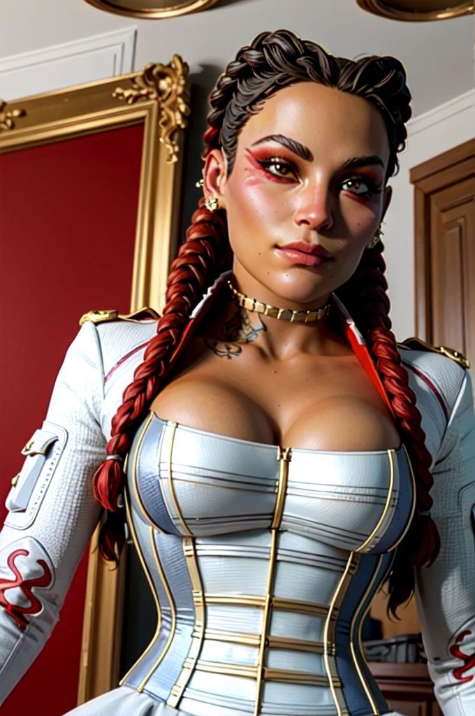 loba, lobapex corset, lobapex jacket, lobapex choker, lobapex earrings, twin braids, red eyeshadow, tattoo, portait, cleavage, looking at viewer, standing in mansion, beautiful, ((masterpiece:1.2)), ((best quality:1.2)), extremely detailed face, perfect eyes, perfect face, perfect lighting, 