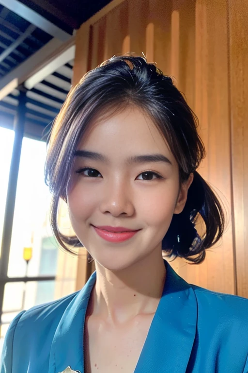 (A beautiful Chindo woman, age 22, she's a Air stewardess wearing garudaindonesia uniform, walking in Bali Airport, kind expression, dimpled smile, cute snaggle-tooth,  beautiful detailed face, beautiful detailed eyes, ample round bosom, photorealistic, hyper-realism, high contrast, ultra HD, realistic skin textures, top image quality, top-quality, super high resolution, fine details, very meticulously, masterpiece, head to hips, the cowboy shot, soothing atmosphere, bokeh background)