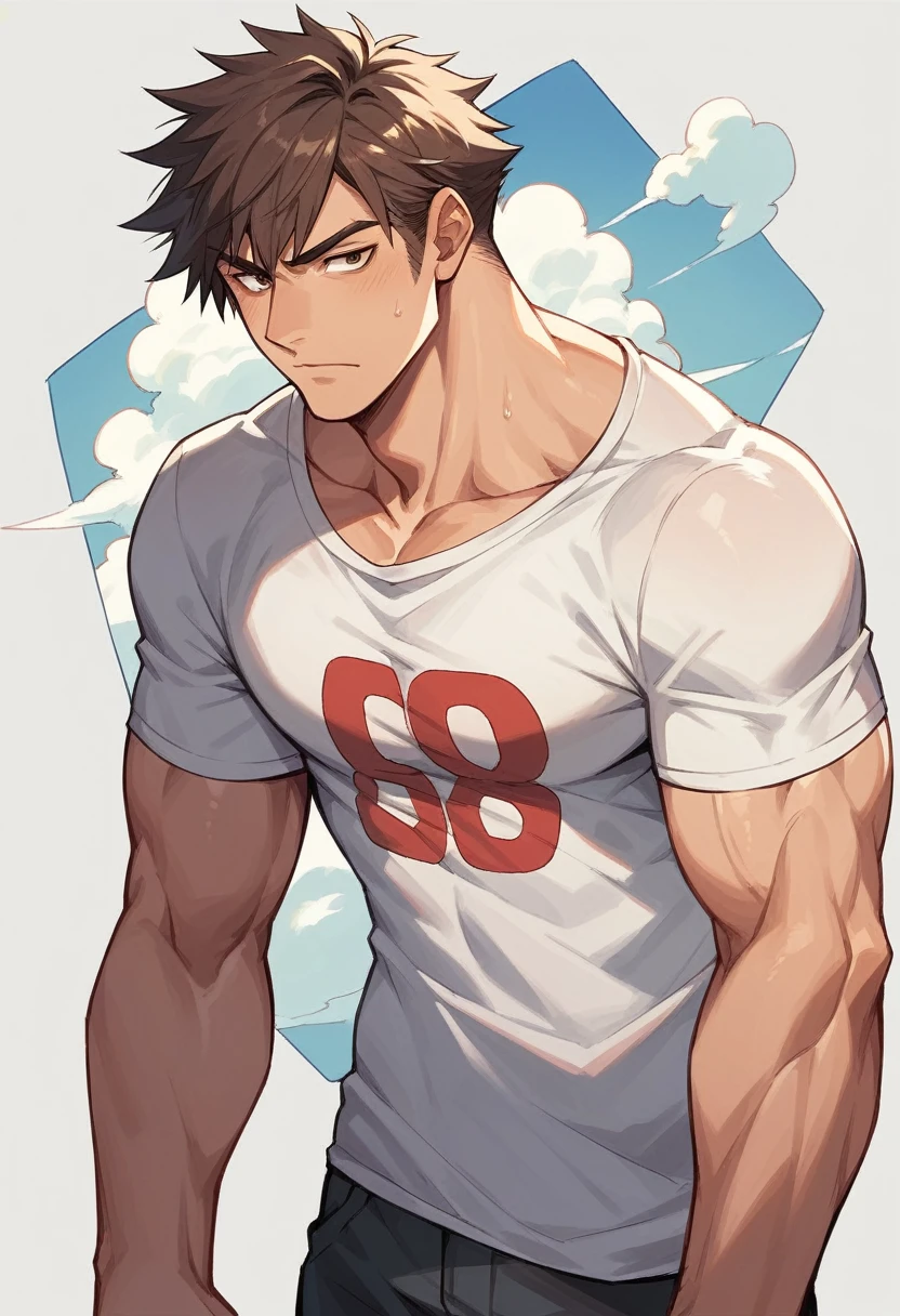 guy, muscles, anime style, tshirt that says the word "Purchasa", 20 years old, dark brown hair, like cloud from final fantasy
