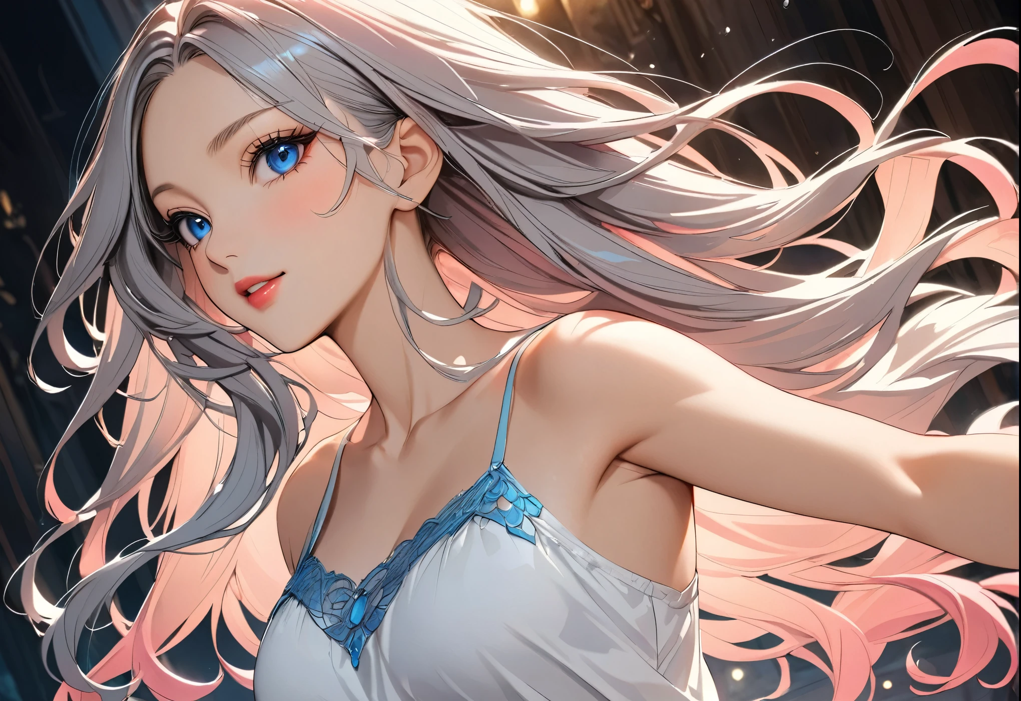 elegant young woman with long silver hair and vibrant blue eyes, wearing a short white camisole and cropped shirt, detailed face and body, beautiful detailed eyes, beautiful detailed lips, extremely detailed eyes and face, long eyelashes, illustration, anime style, highly detailed, 8K, photorealistic, masterpiece, vivid colors, soft lighting, delicate skin, flowing hair, detailed fabric textures, intricate details, dynamic pose