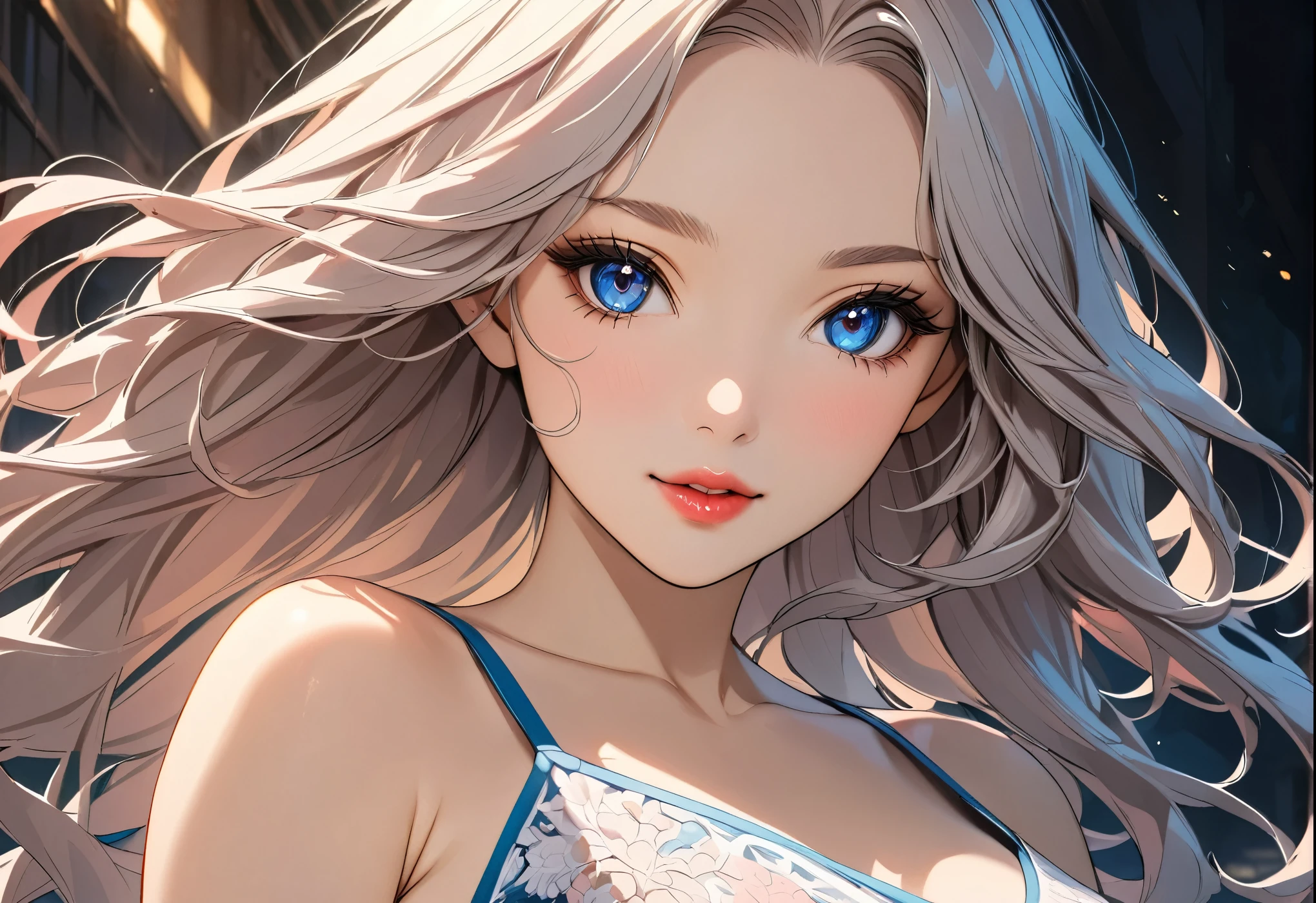 elegant young woman with long silver hair and vibrant blue eyes, wearing a short white camisole and cropped shirt, detailed face and body, beautiful detailed eyes, beautiful detailed lips, extremely detailed eyes and face, long eyelashes, illustration, anime style, highly detailed, 8K, photorealistic, masterpiece, vivid colors, soft lighting, delicate skin, flowing hair, detailed fabric textures, intricate details, dynamic pose