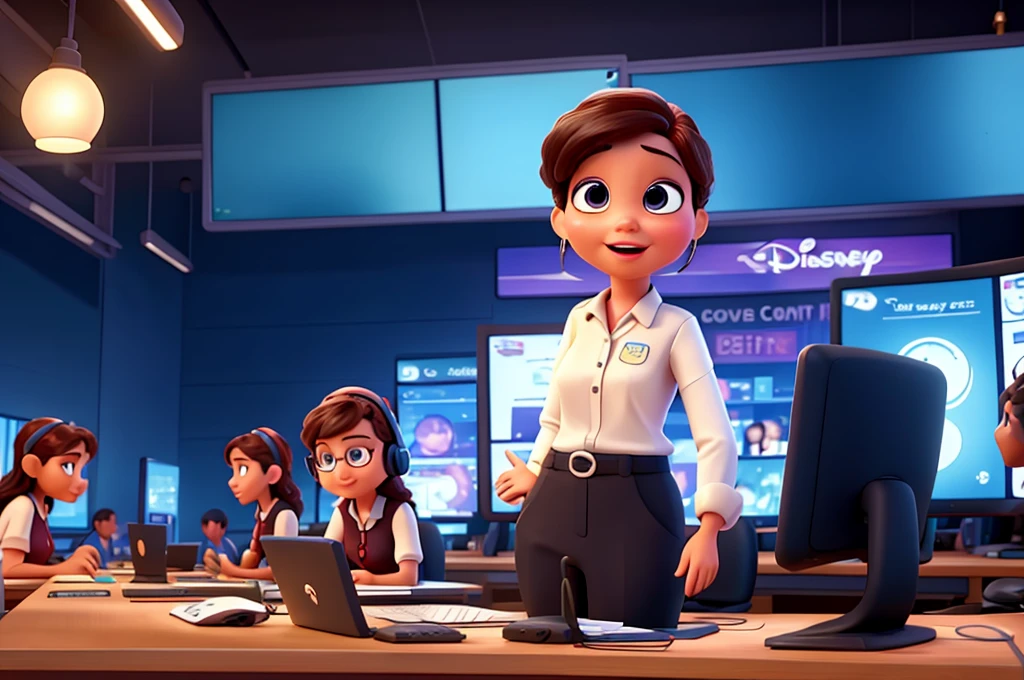 To create a Disney Pixar animation-themed AI image in a customer service call center WITH PEOPLE ANSWERING, SHOWING COMPUTER SCREENS