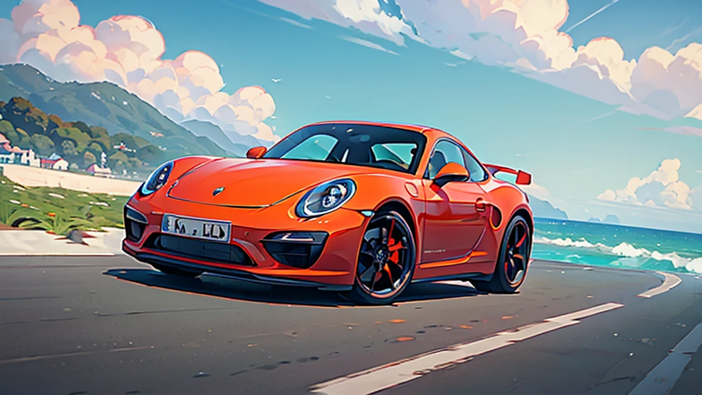 View from the side of a young woman driving a Porsche red sports car down a road by the beach.