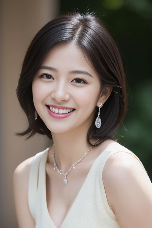 highest quality, masterpiece, ultra high resolution, (realistic:1.4),very detailed,professional lighting smile,black hair、toothy smile、black hair、ear piercing、necklace around neck