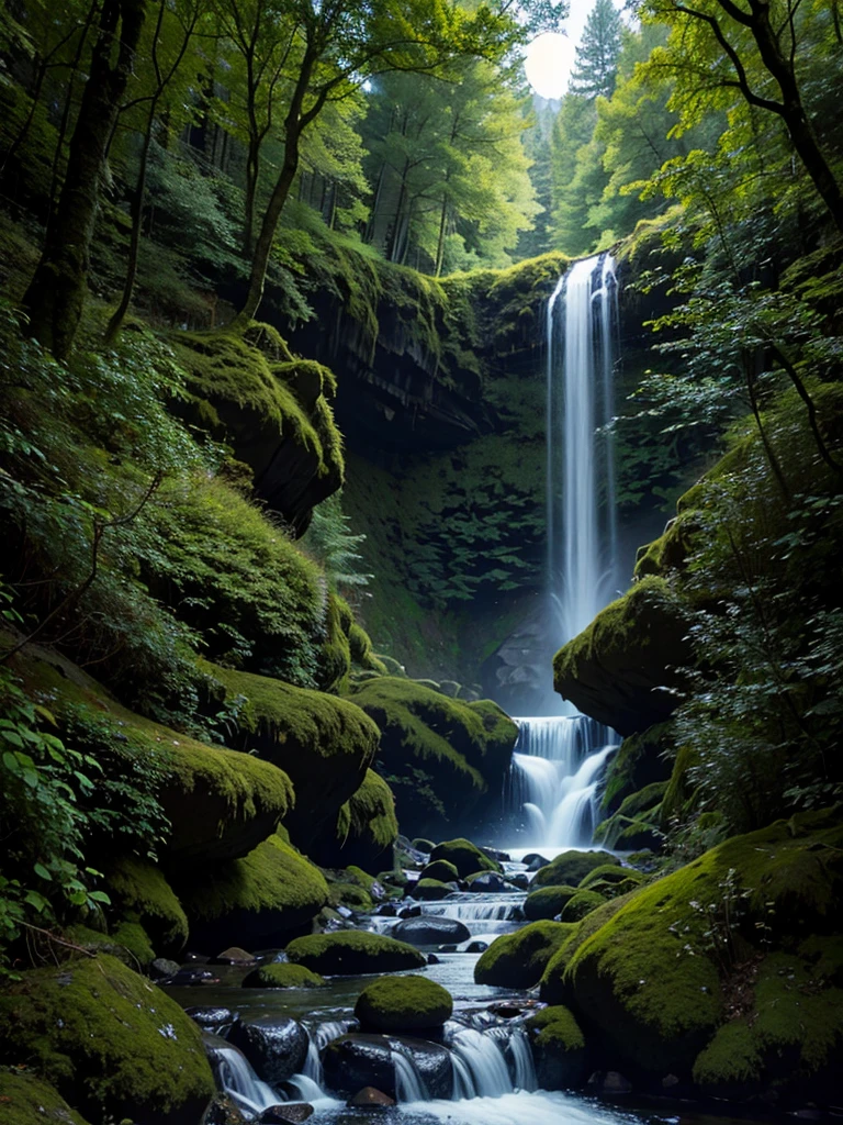 Beautiful forest, detailed owl image, moonlit night, valley waterfall, masterpiece,