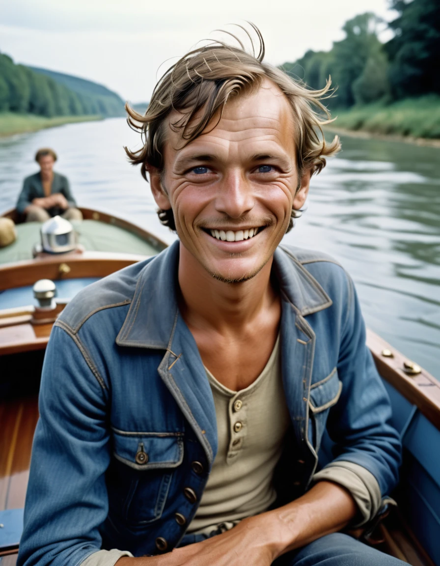 portrait d'un homme sks, en voyage sur un petit bateau sur un fleuve, Veste en jean skinny, de Henri Cartier-Bresson, composition de personnages épique, Éclairage naturel, yeux parfaits, photo couleur, hyper realiste, visage détaillé (Sourire parfait:0.7), cheveux pas trop long, tête européenne, caucasien