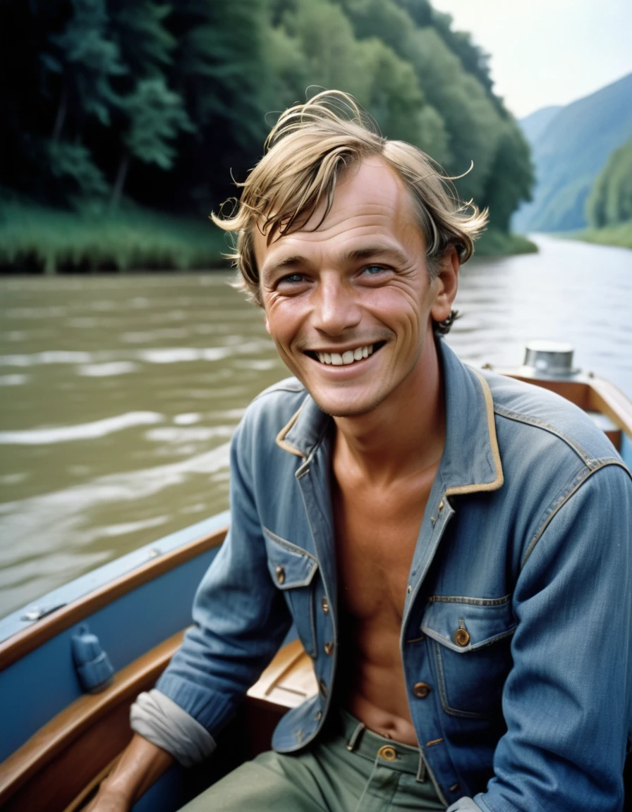 portrait d'un homme sks, en voyage sur un petit bateau sur un fleuve, Veste en jean skinny, de Henri Cartier-Bresson, composition de personnages épique, Éclairage naturel, yeux parfaits, photo couleur, hyper realiste, visage détaillé (Sourire parfait:0.7), cheveux pas trop long, tête européenne, caucasien