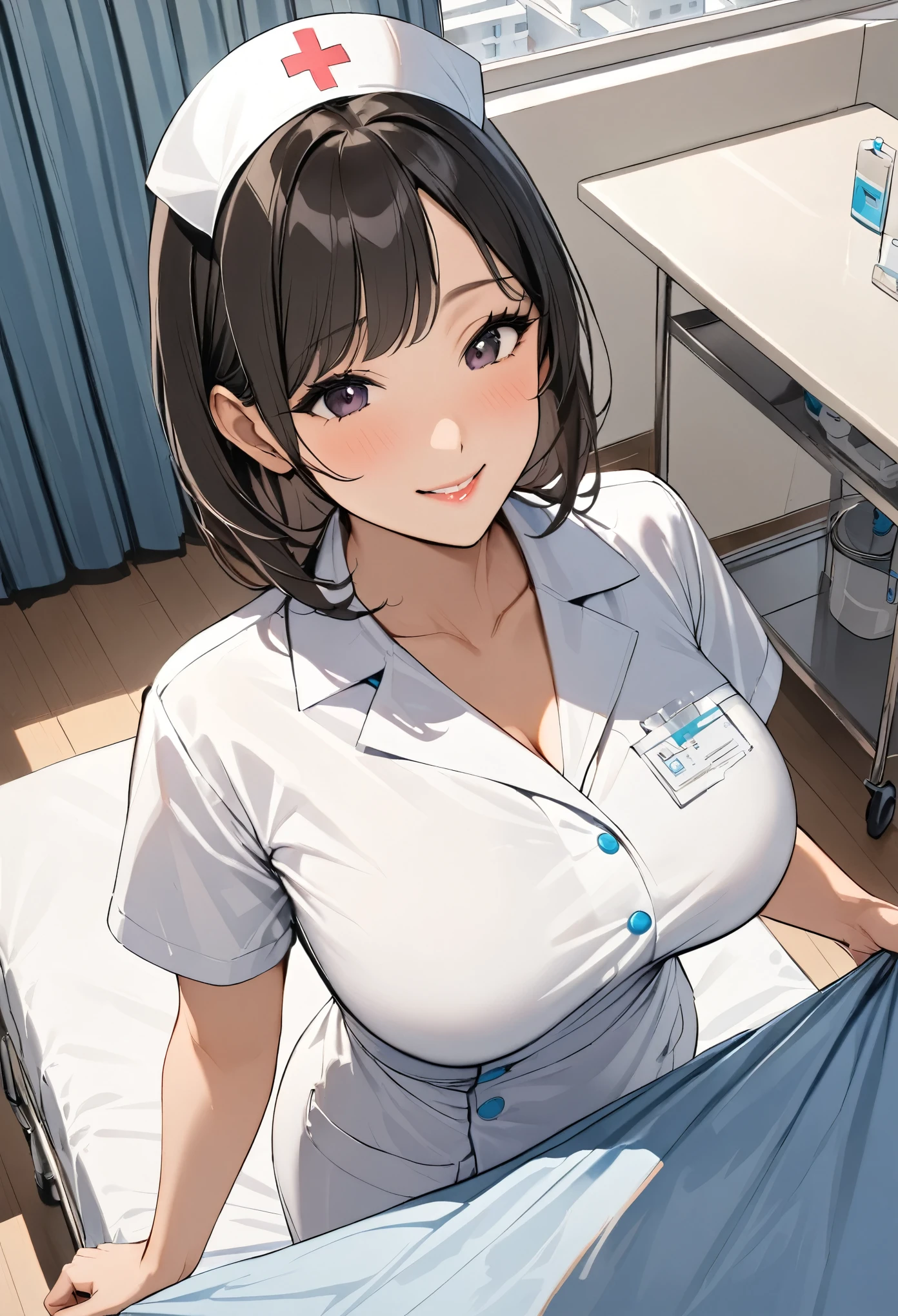 1 lady only, (look down), (From above), (Looking out from behind the partition curtain), Medical staff, (Nurse), Mature female, /(black hair/) Bangs, Friendly Smile, (Masterpiece best quality:1.2) Exquisite illustrations are super detailed, Big BoobsBREAK (hospital ward) Indoors, (Bright white ceiling:1.2), (View from the bed:1.2), Detailed Background
