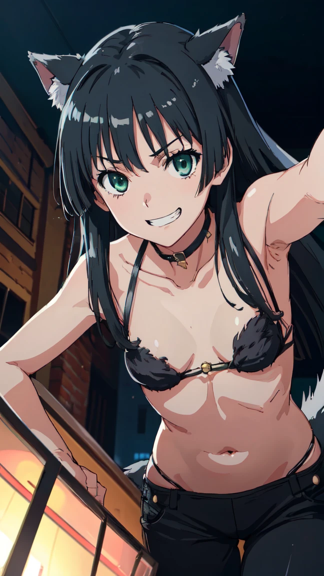 (High resolution:1.4), (masutepiece:1.2), (High quality:1.3) 1girl, saten ruiko, green eyes, long hair, black hair, small breast, dangerousbeast, wolf tail, cinematic lighting, pov, grin