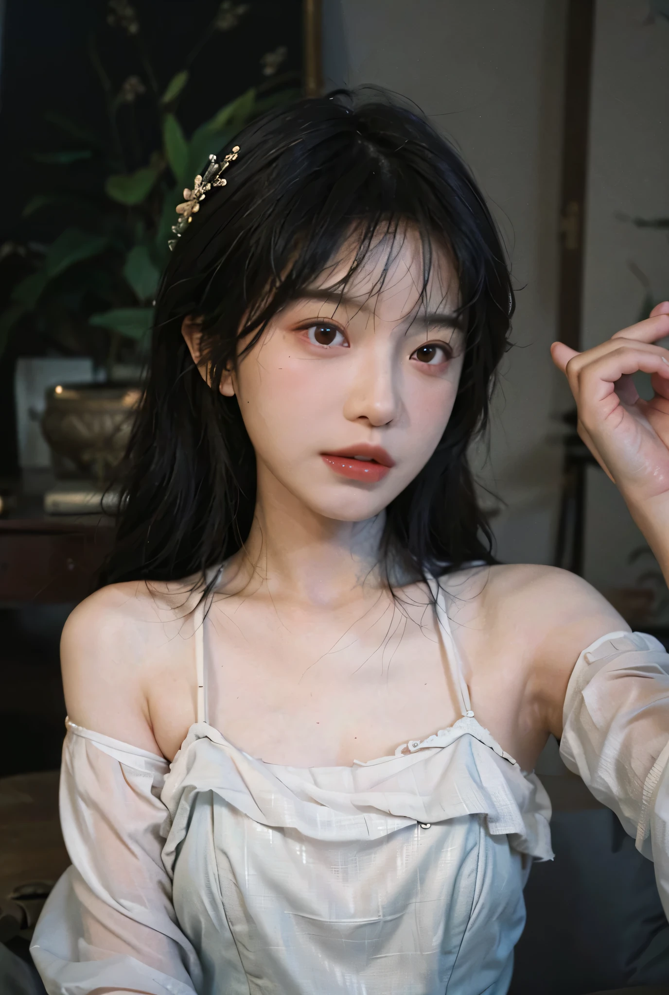 8K, Best Quality, Masterpiece, Ultra High Resolution, (Realism: 1.4), Original Photo, (Real Skin Texture: 1.3), (Film Grain: 1.3), (Selfie Angle), Broken Flower Chiffon Dress, 1 Girl, Beautiful Eyes and Face Details, Masterpiece, Best Quality, Close Up, Upper Body,