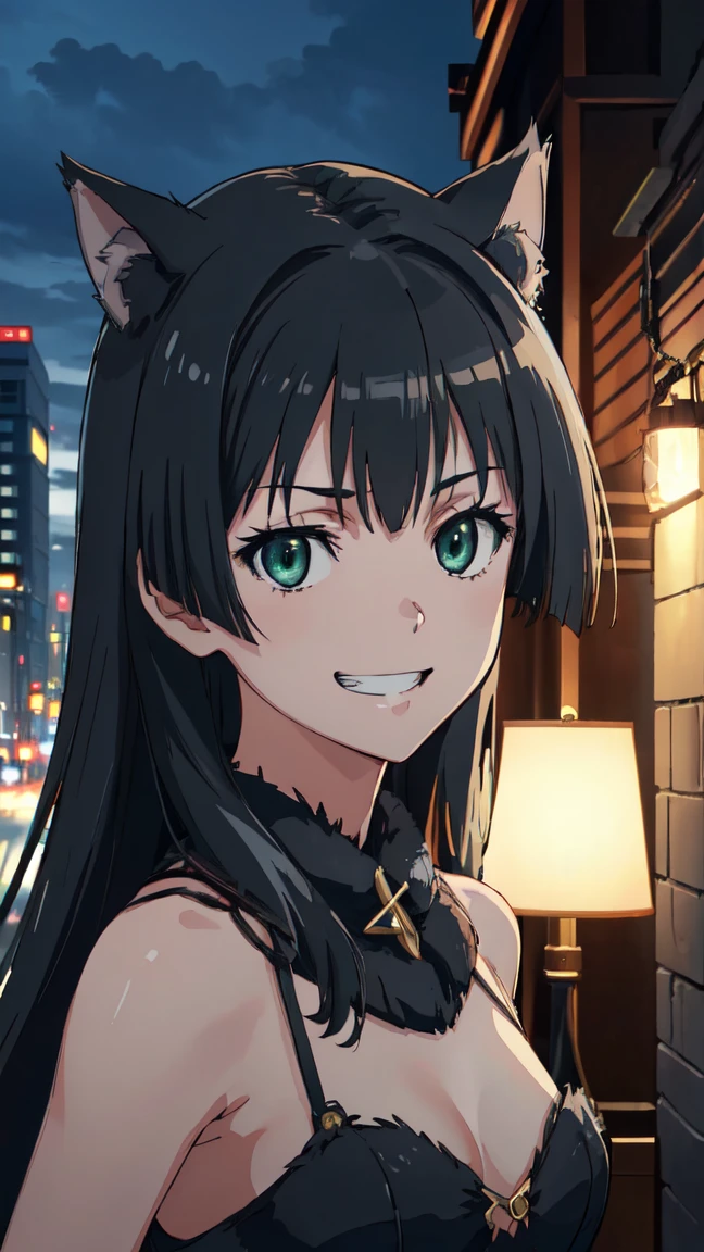 (High resolution:1.4), (masutepiece:1.2), (High quality:1.3) 1girl, saten ruiko, green eyes, long hair, black hair, small breast, dangerousbeast, wolf tail, cinematic lighting, pov, grin