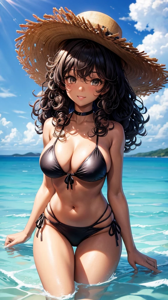 A black woman with curly hair on the beach swimming in a bikini 