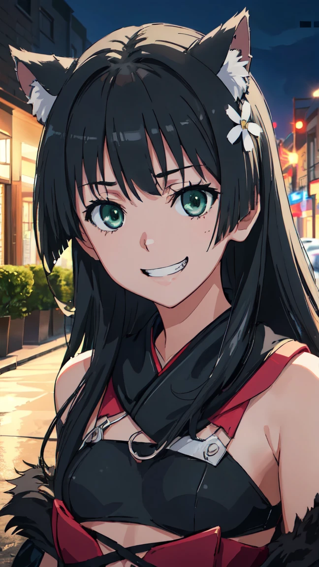 (High resolution:1.4), (masutepiece:1.2), (High quality:1.3) 1girl, saten ruiko, green eyes, long hair, black hair, small breast, dangerousbeast, wolf tail, cinematic lighting, pov, grin